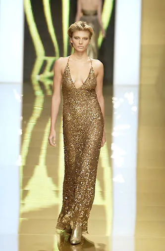Fall 2002 Valentino Plunged Silk Net Chiffon Dress Completely Covered in Copper Sequins