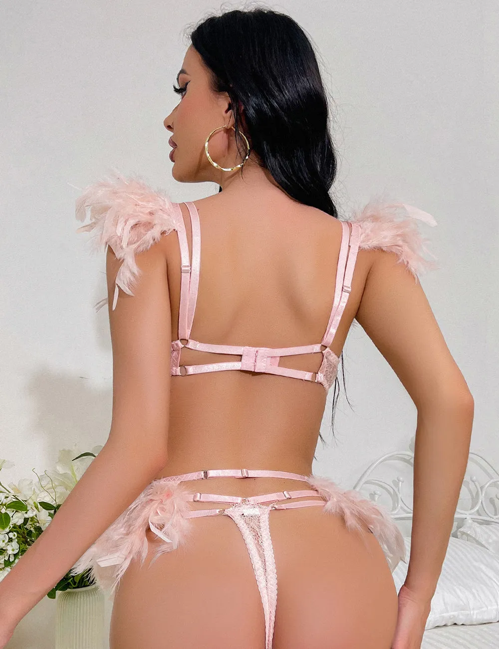 Feather Lace Chain Sexy Bra Set