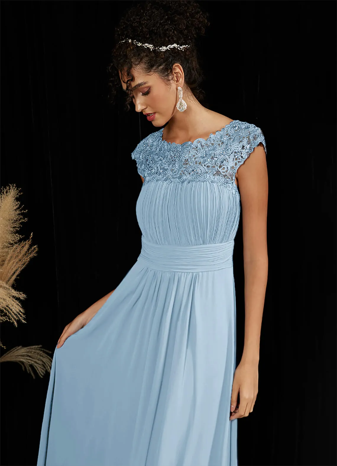[Final Sale] Cornflower Blue Lace Open Back Floor Length Silky Chiffon Formal Evening Mother Dress