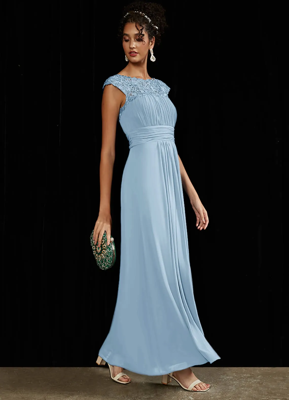 [Final Sale] Cornflower Blue Lace Open Back Floor Length Silky Chiffon Formal Evening Mother Dress