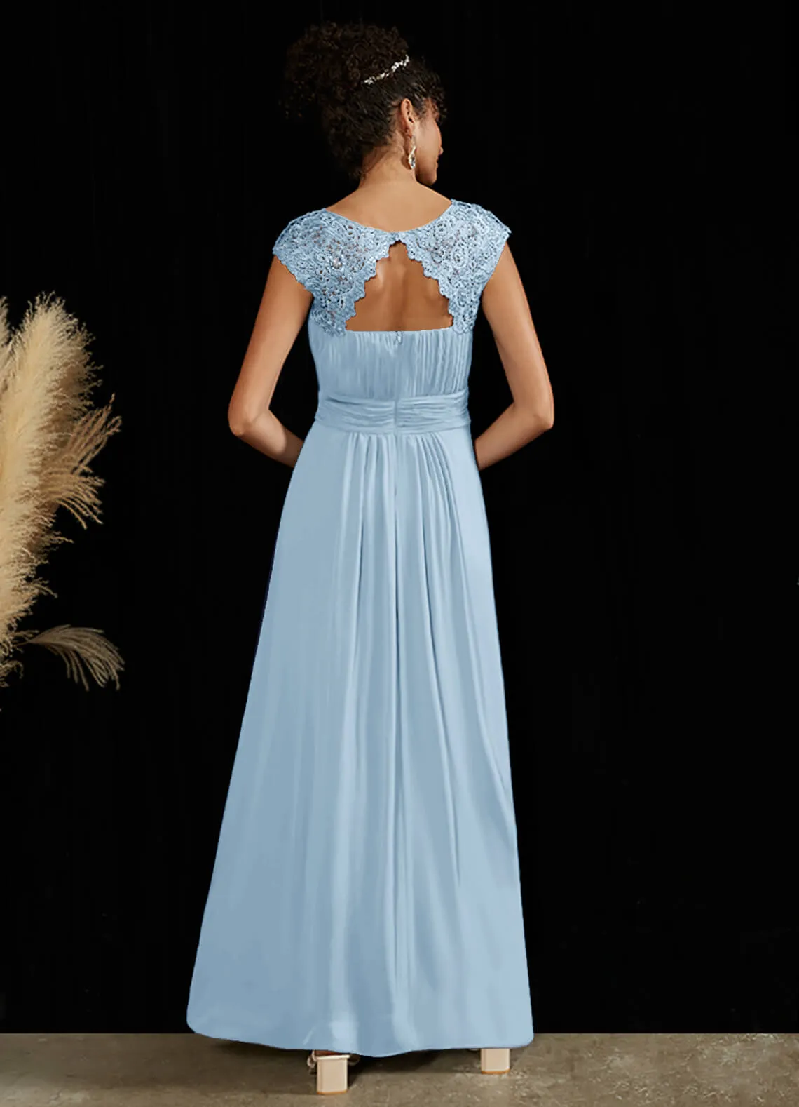 [Final Sale] Cornflower Blue Lace Open Back Floor Length Silky Chiffon Formal Evening Mother Dress