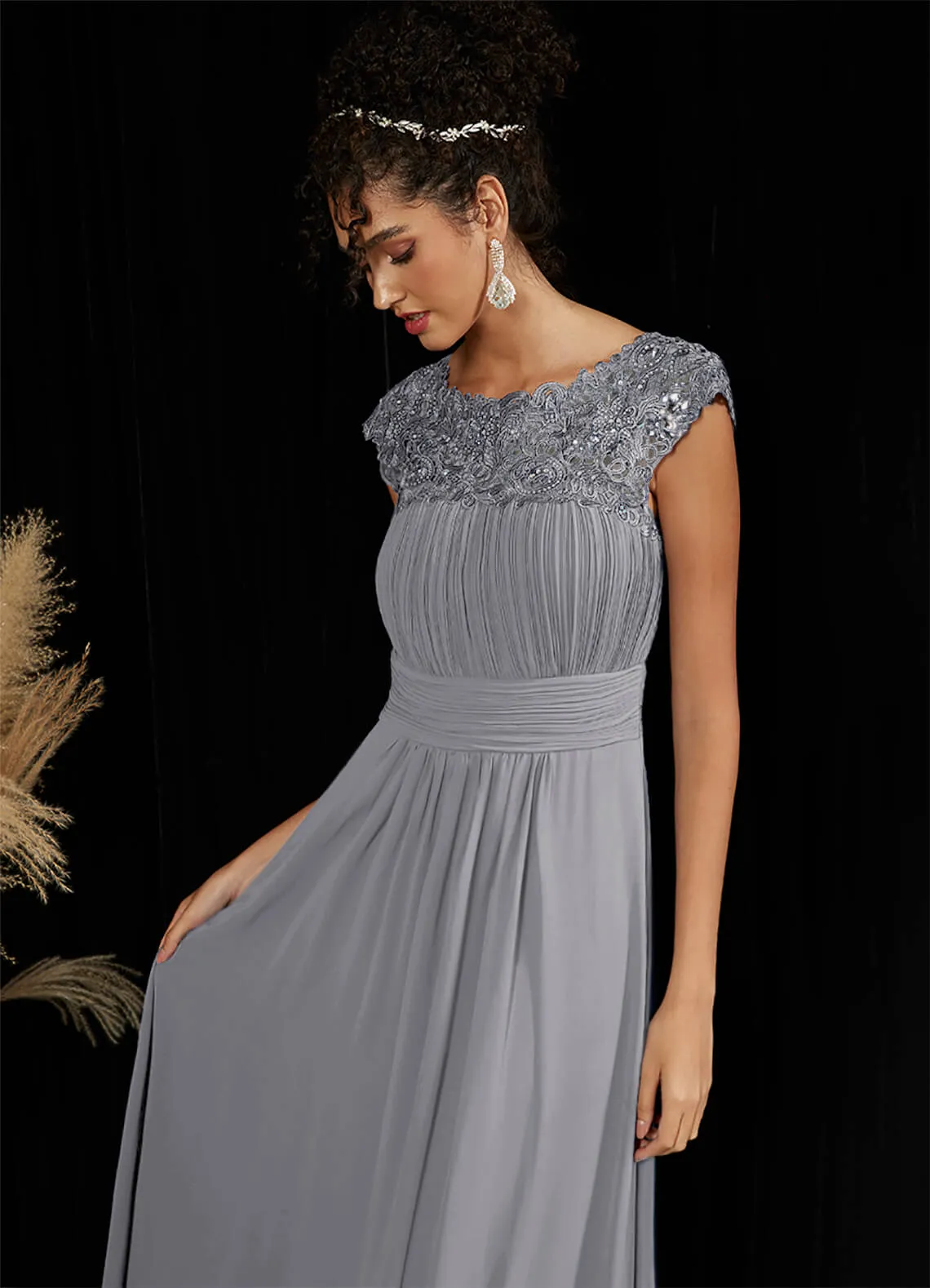 [Final Sale] Dolphin Grey Lace Open Back Floor Length Silky Chiffon Formal Evening Mother Dress