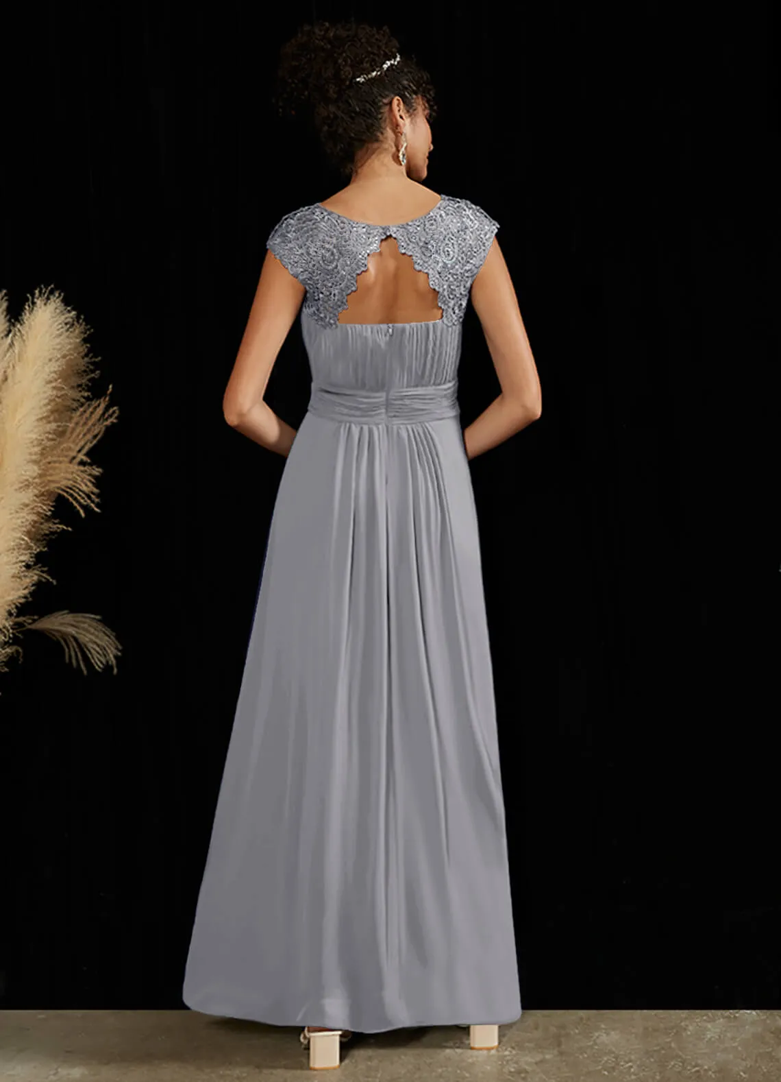 [Final Sale] Dolphin Grey Lace Open Back Floor Length Silky Chiffon Formal Evening Mother Dress