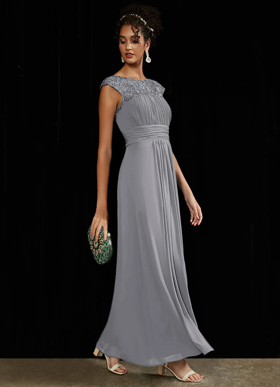[Final Sale] Dolphin Grey Lace Open Back Floor Length Silky Chiffon Formal Evening Mother Dress