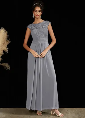 [Final Sale] Dolphin Grey Lace Open Back Floor Length Silky Chiffon Formal Evening Mother Dress