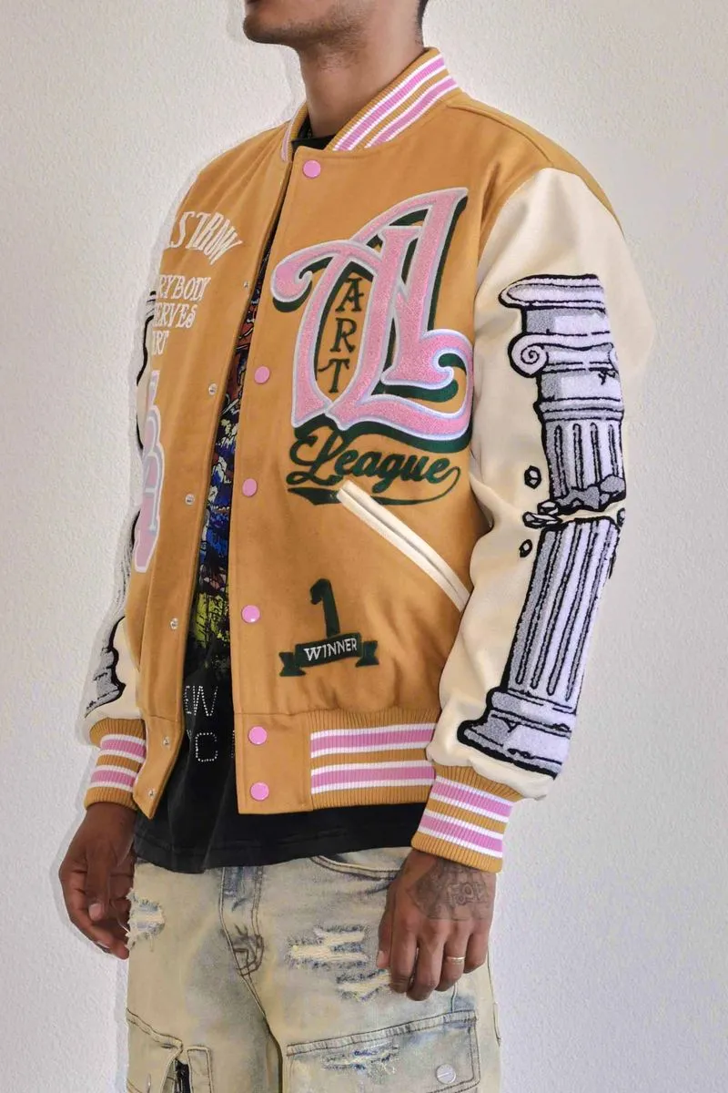 FIRST ROW DENIM ART LEAGUE MULTI PATCHES VARSITY JACKET (MUSTARD)