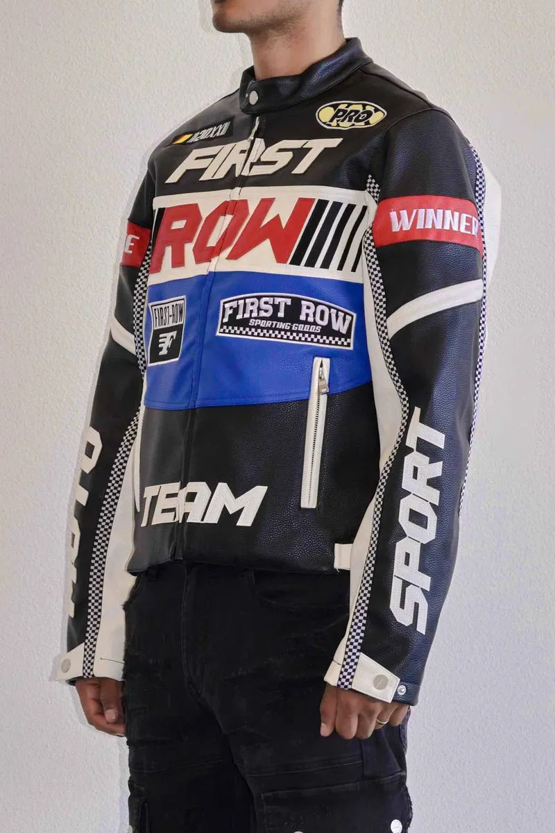 FIRST ROW DENIM CONTRAST MOTOR RACING LEATHER JACKET (BLACK)