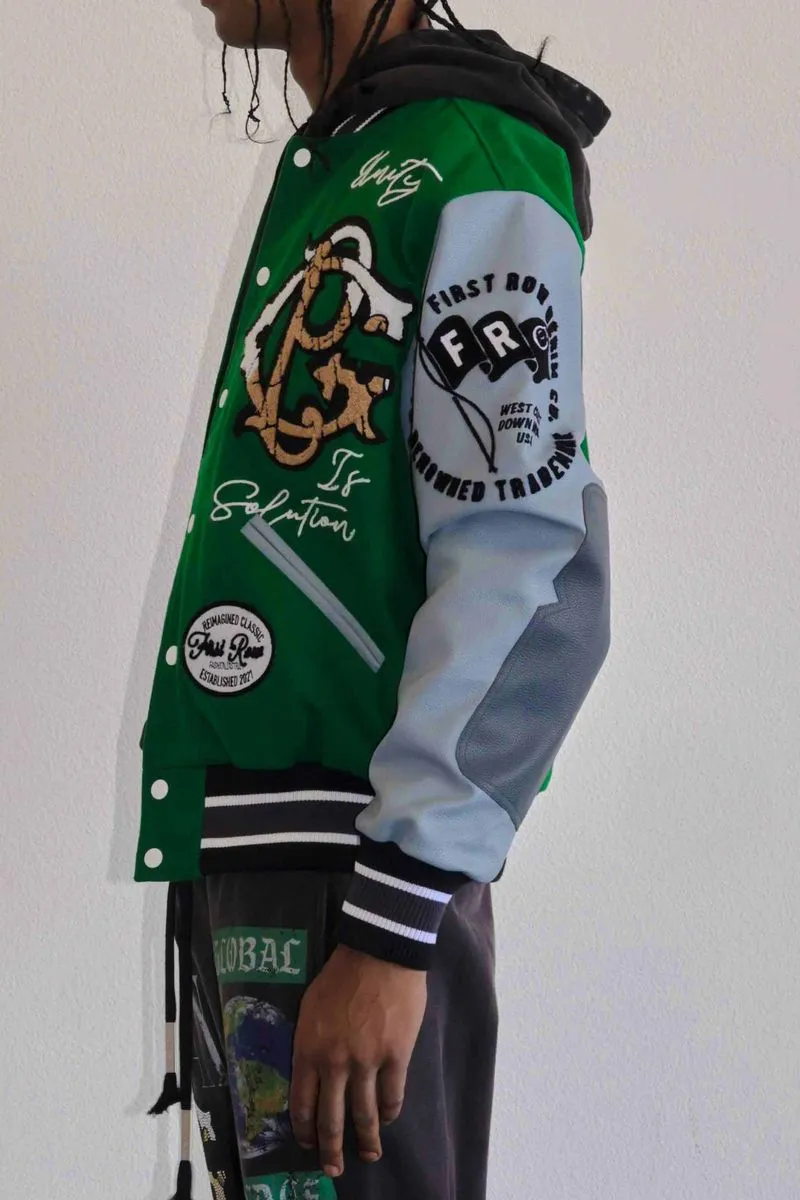 FIRST ROW DENIM GLOBAL PEACE MULTI PATCHES VARSITY JACKET (GREEN)