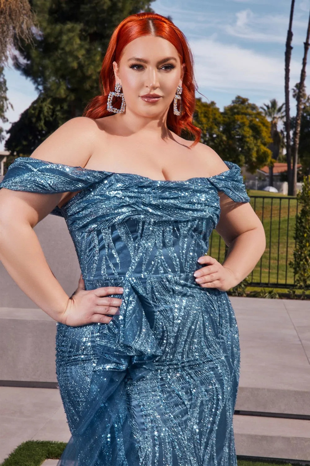 Fitted Glitter Print Glitter Red Carpet Luxury Dress Strapless Sensual off the shoulder Bodice Royal Prom & Evening Gala gown CDJ849