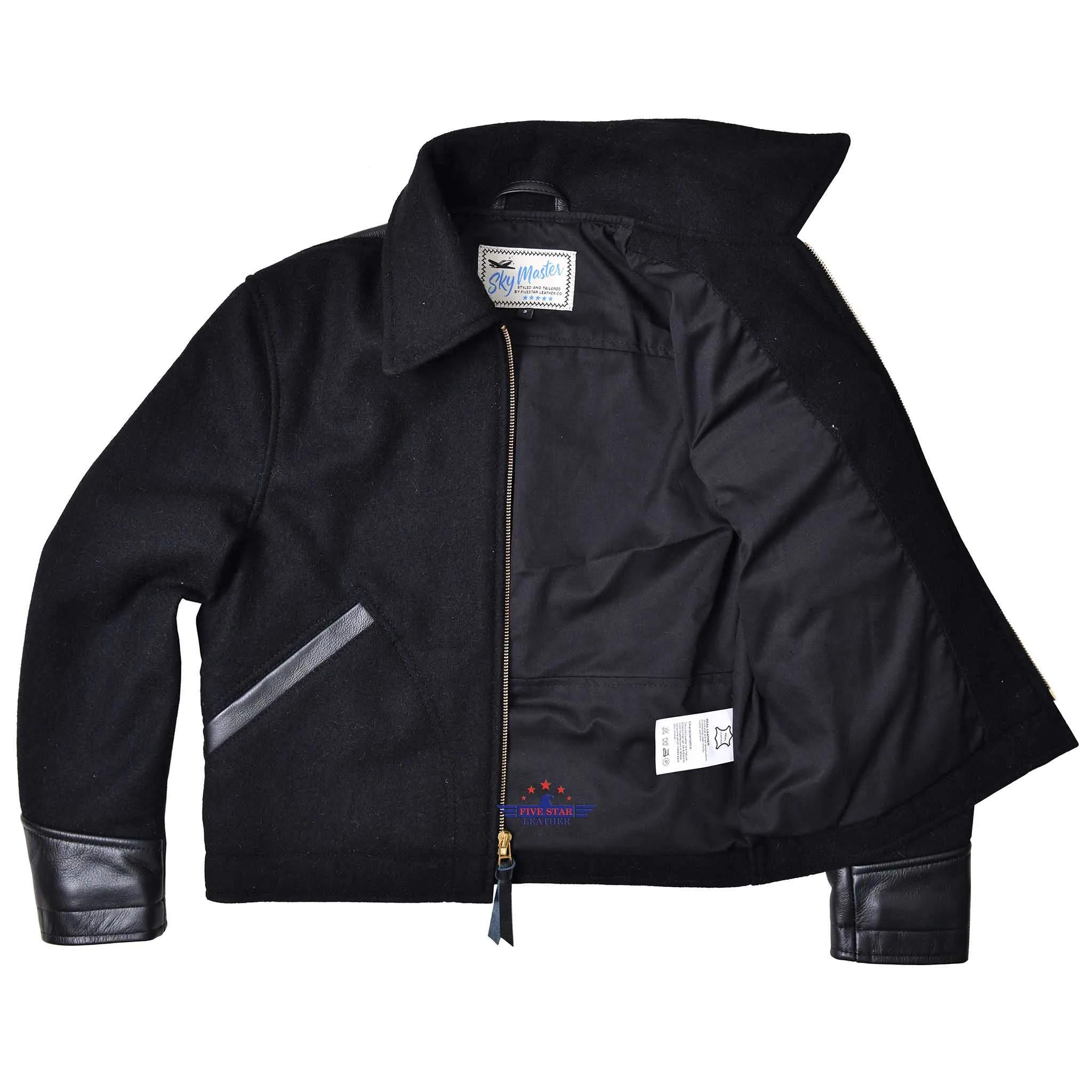 FiveStar leather 40s Style Men Sports Jacket Black Wool Fabric