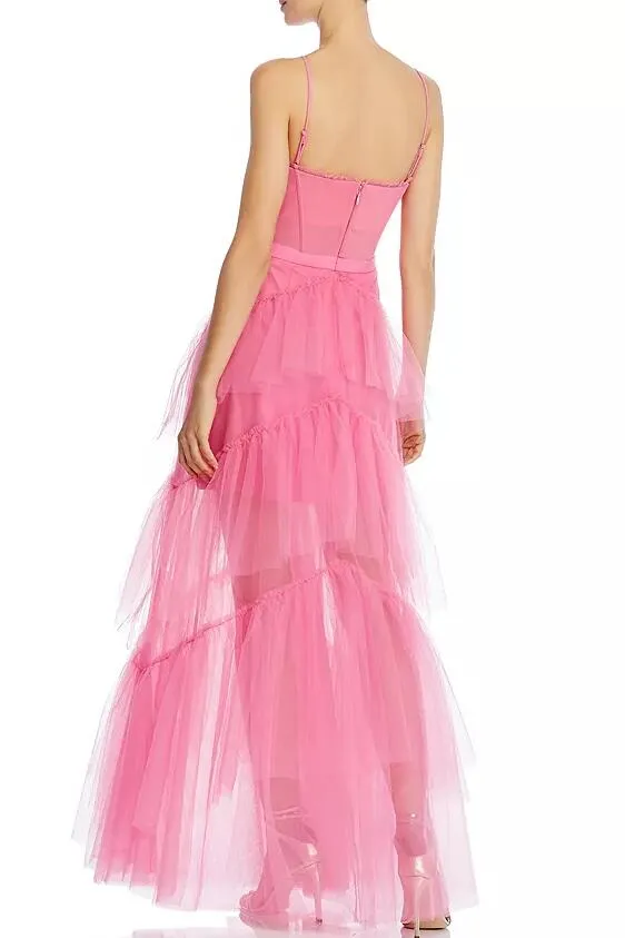 Flamingo Pink Tulle Prom Gown with Ruffle-trimmed