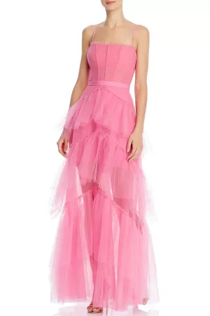 Flamingo Pink Tulle Prom Gown with Ruffle-trimmed