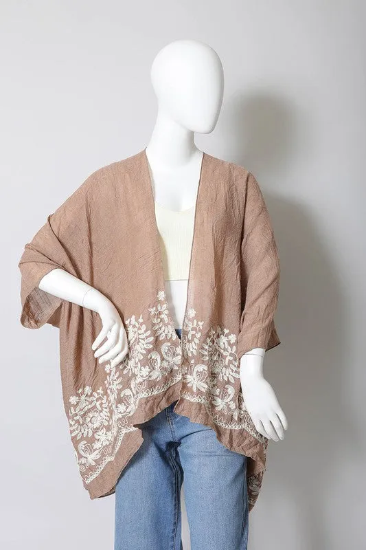 Floral Embroidered Trim Kimono