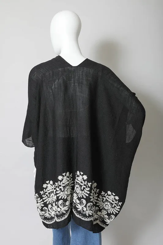 Floral Embroidered Trim Kimono