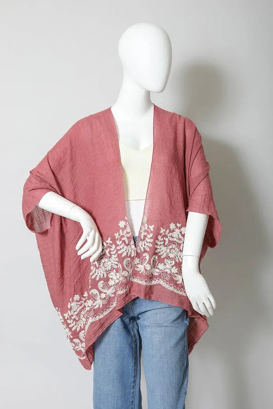 Floral Embroidered Trim Kimono
