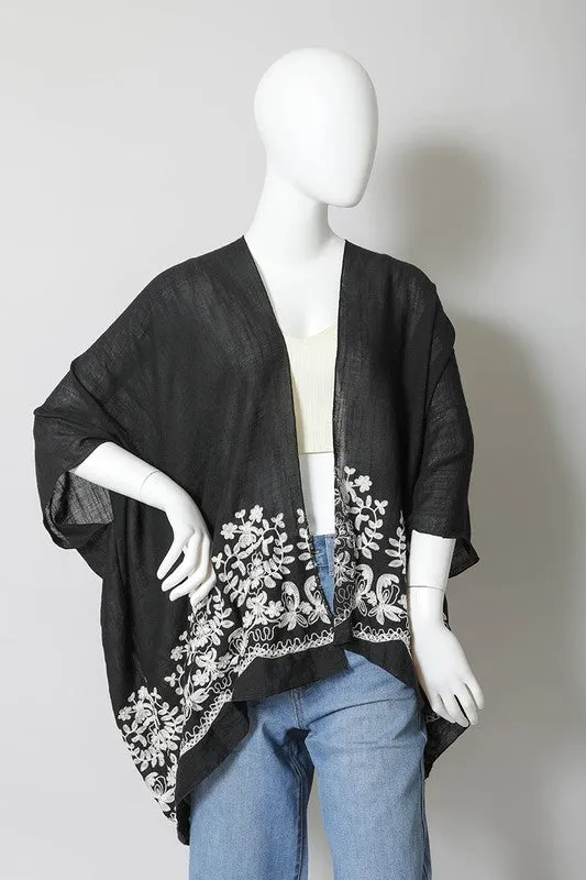 Floral Embroidered Trim Kimono