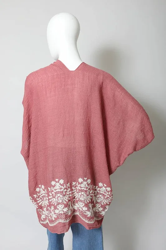 Floral Embroidered Trim Kimono