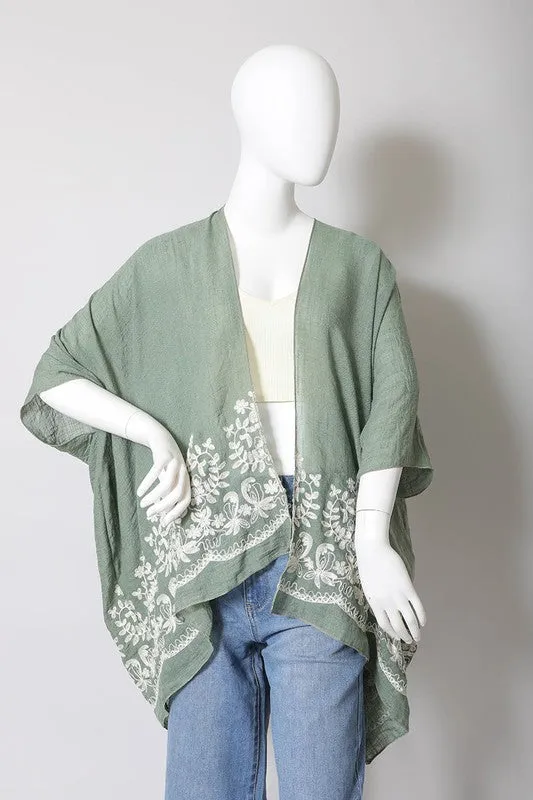 Floral Embroidered Trim Kimono