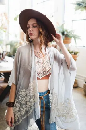 Floral Embroidered Trim Kimono