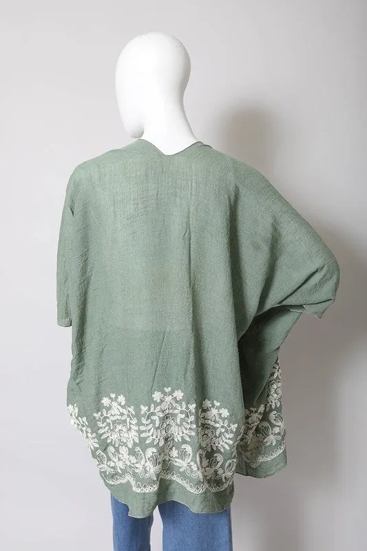 Floral Embroidered Trim Kimono