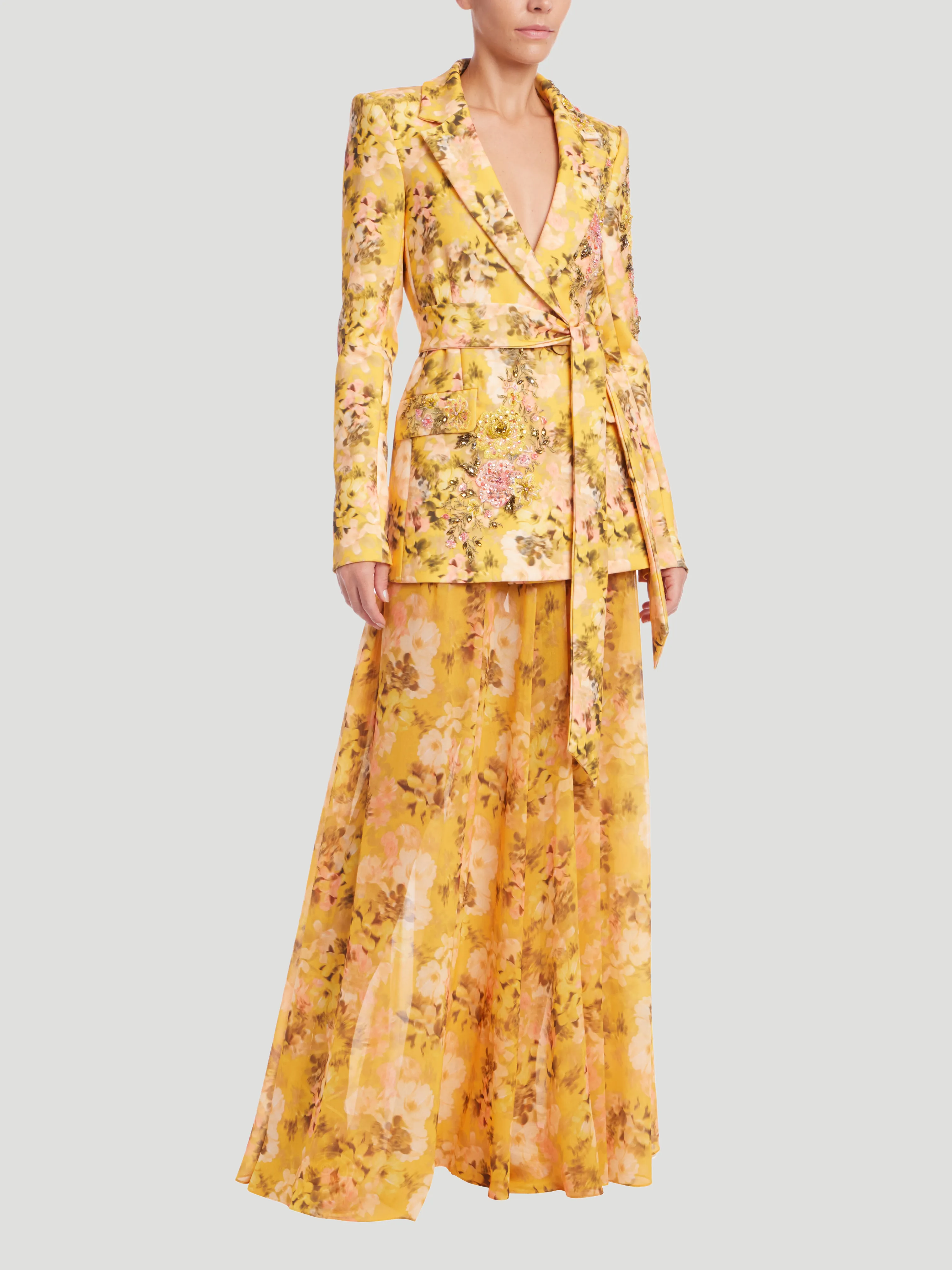 Floral Printed Tie Waist Blazer
