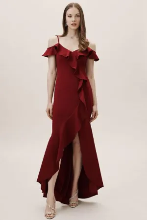 Flounced Burgundy Evening Gown Spaghetti Straps vestido de fiesta