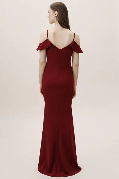 Flounced Burgundy Evening Gown Spaghetti Straps vestido de fiesta