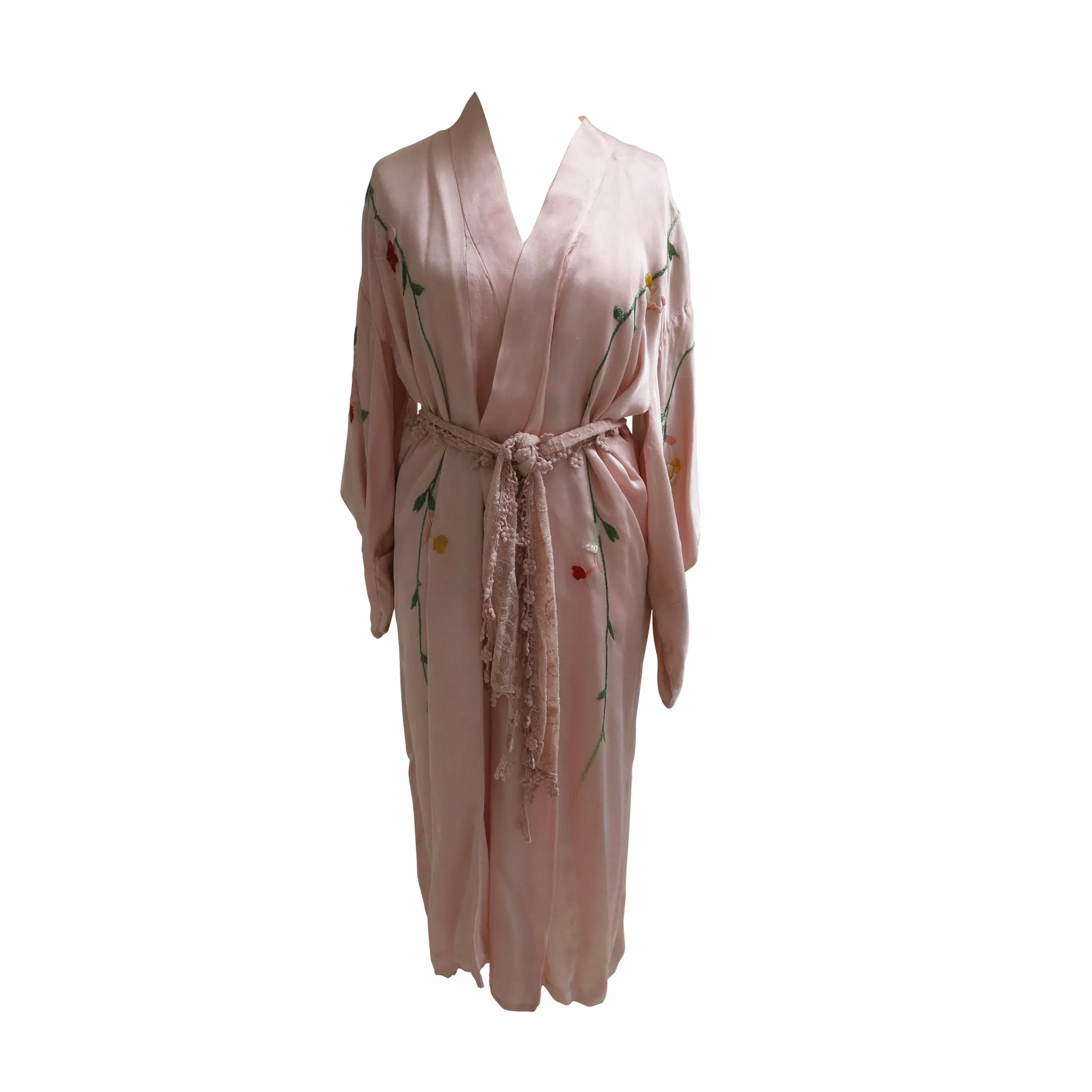 Flower Embroidered Powder Pink Silk Vintage Kimono
