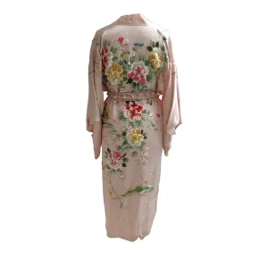 Flower Embroidered Powder Pink Silk Vintage Kimono