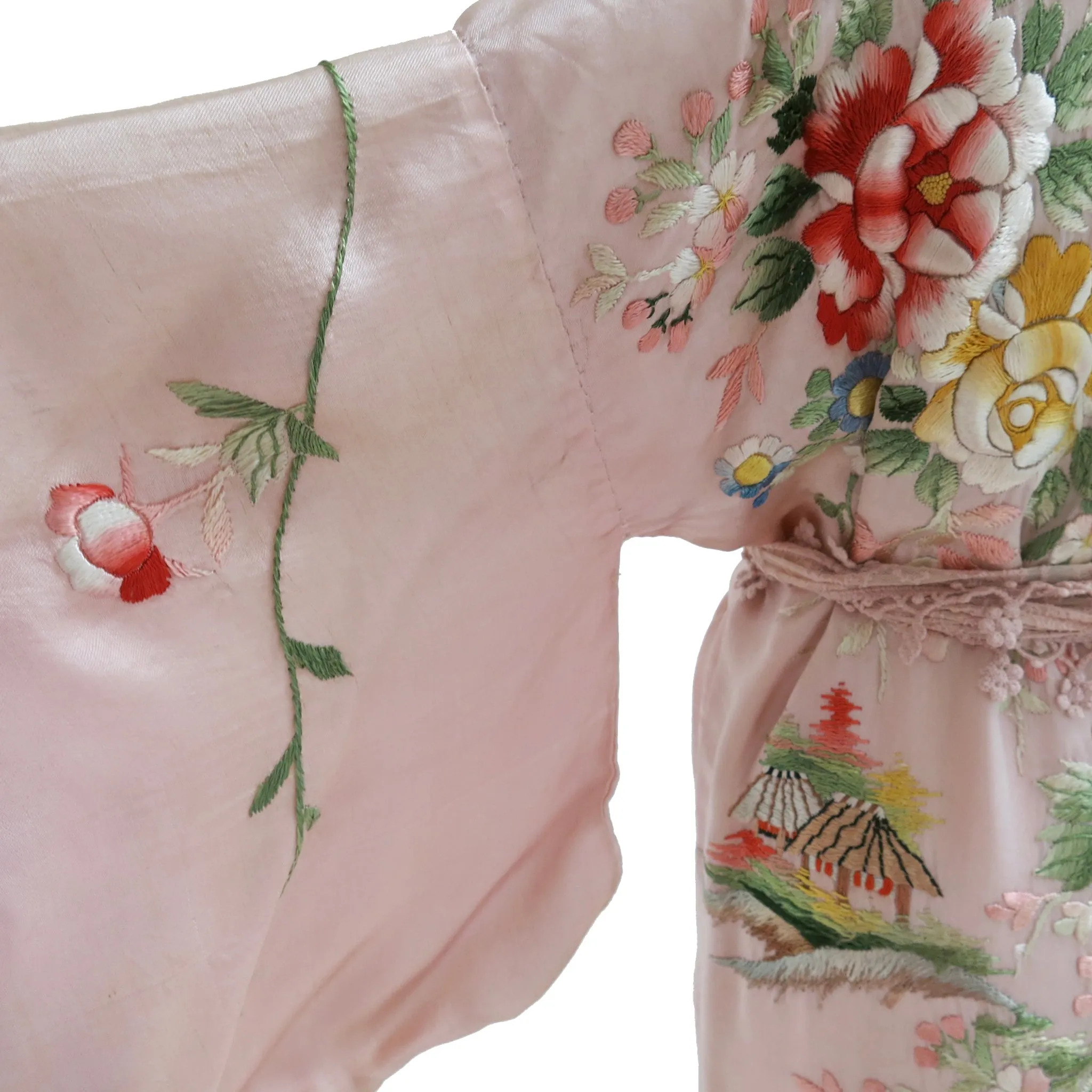 Flower Embroidered Powder Pink Silk Vintage Kimono