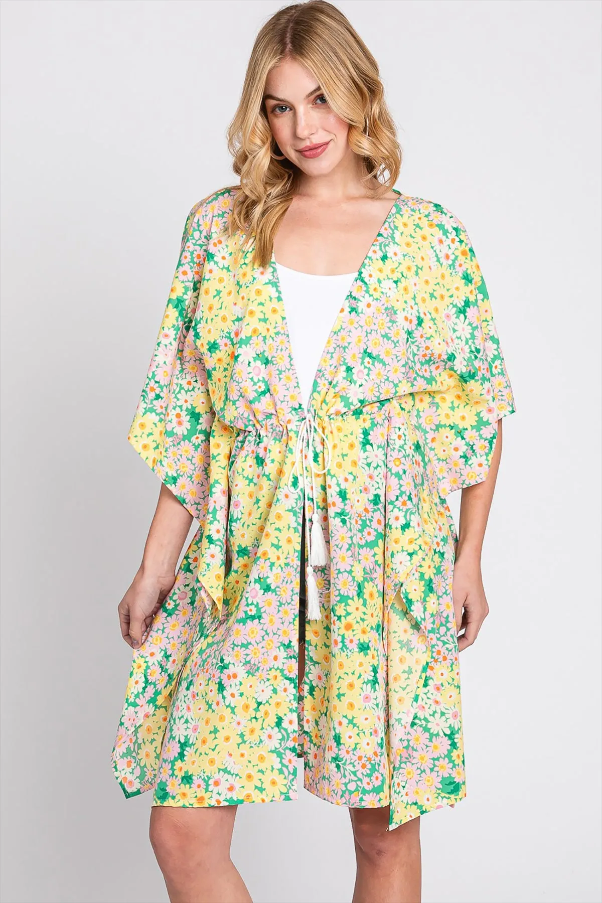 FLOWER PRINT SELF-TIE DRAWSTRING OPEN FRONT COVER
