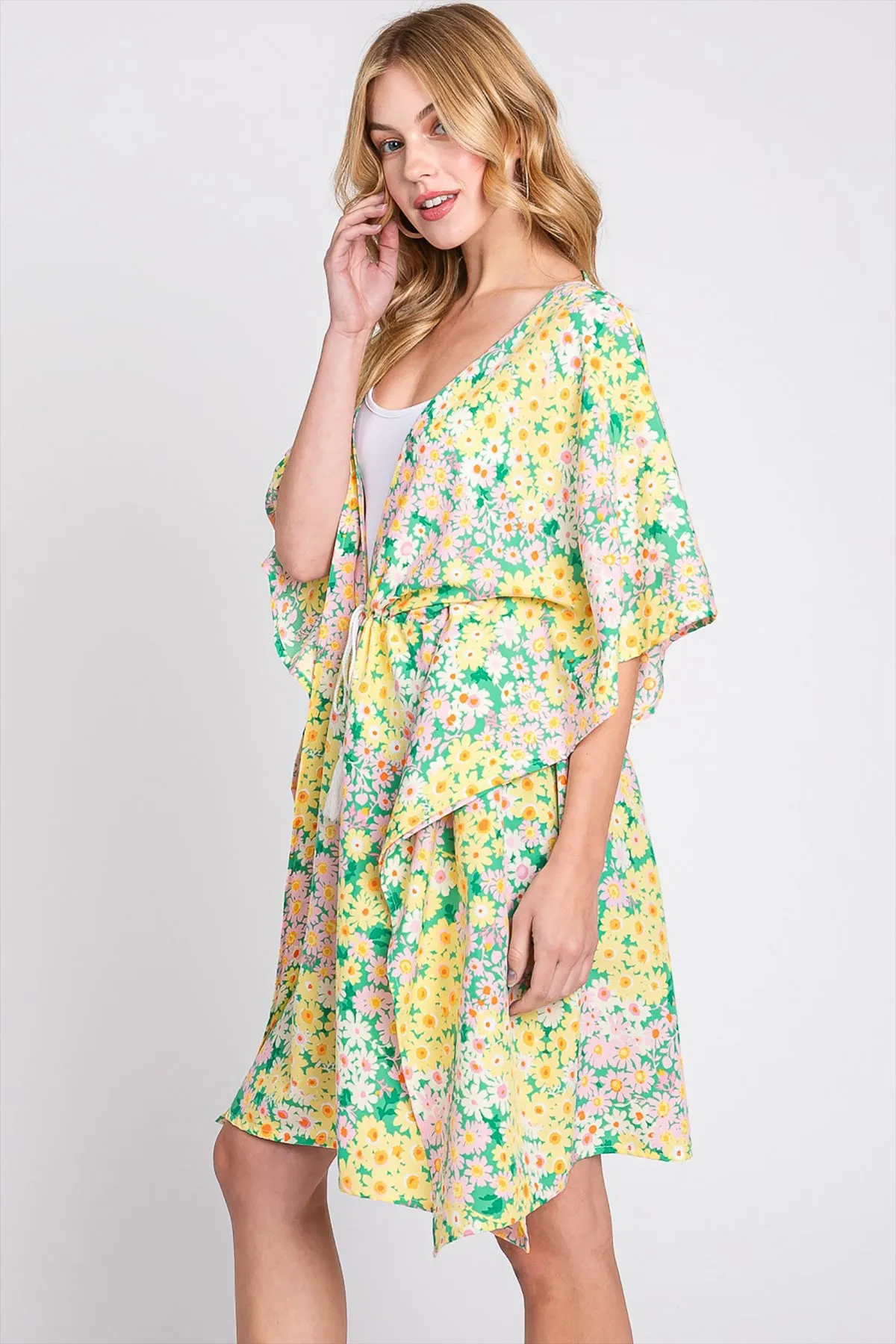 FLOWER PRINT SELF-TIE DRAWSTRING OPEN FRONT COVER