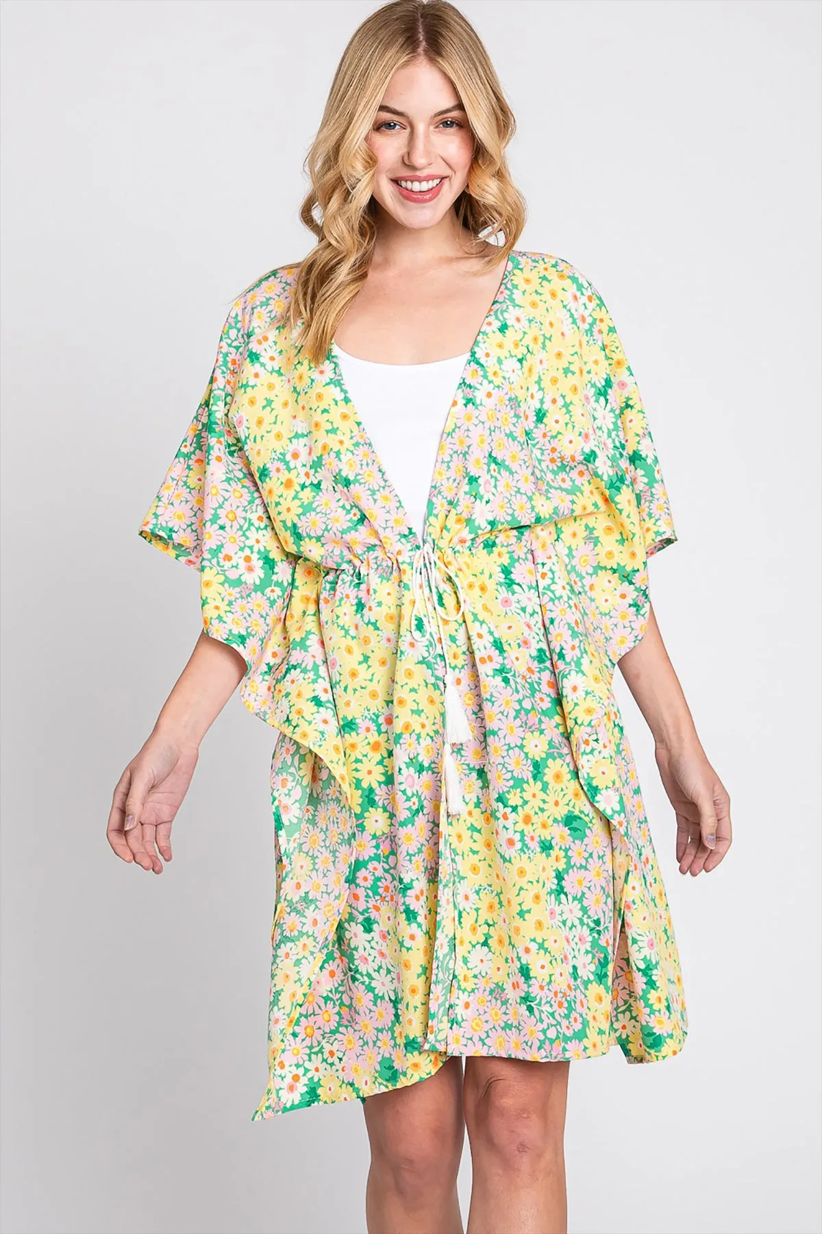 FLOWER PRINT SELF-TIE DRAWSTRING OPEN FRONT COVER
