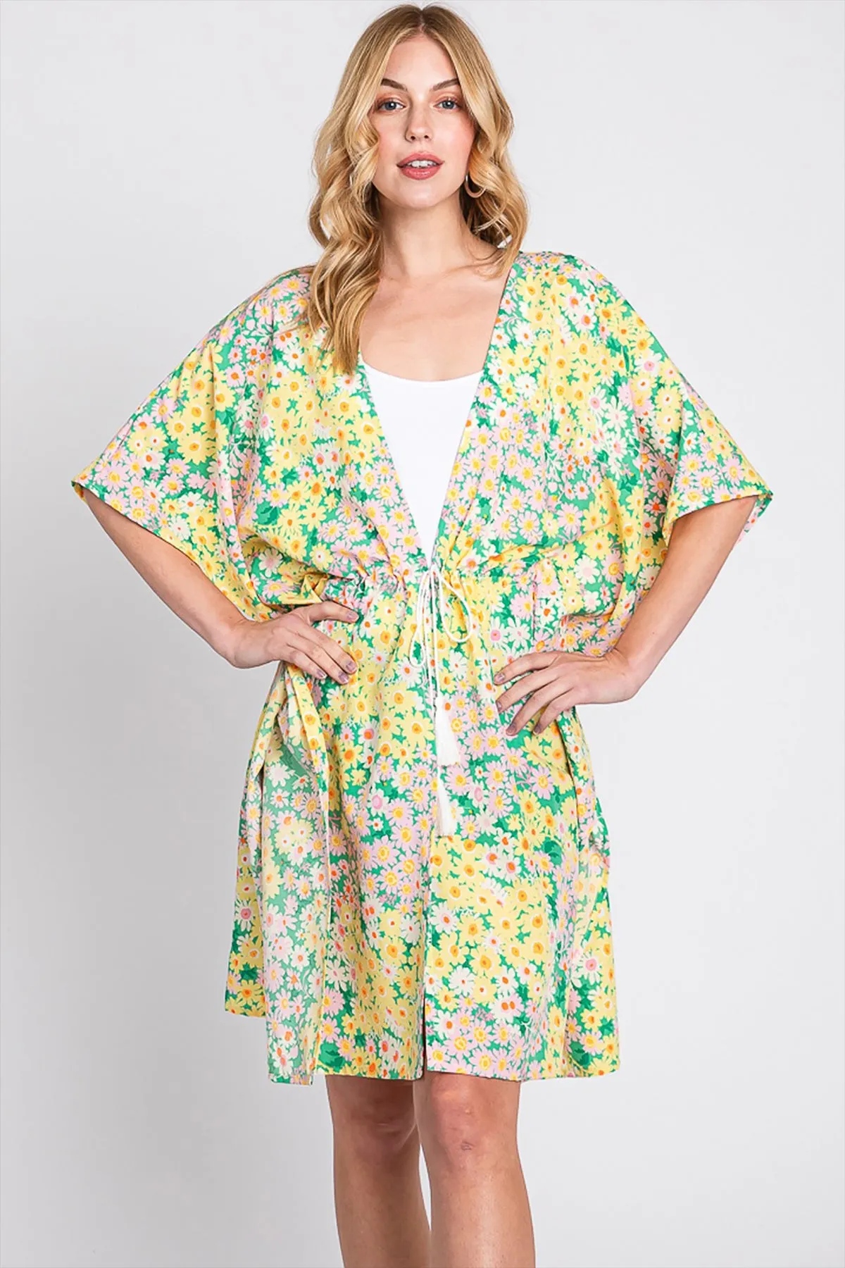 FLOWER PRINT SELF-TIE DRAWSTRING OPEN FRONT COVER