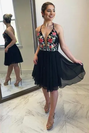 Flowers Embroidery Homecoming Dress Black Chiffon Skirt