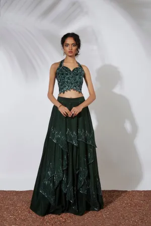 FOREST GREEN 32 PANELS EMBROIDERED LEHENGA CROP TOP SET