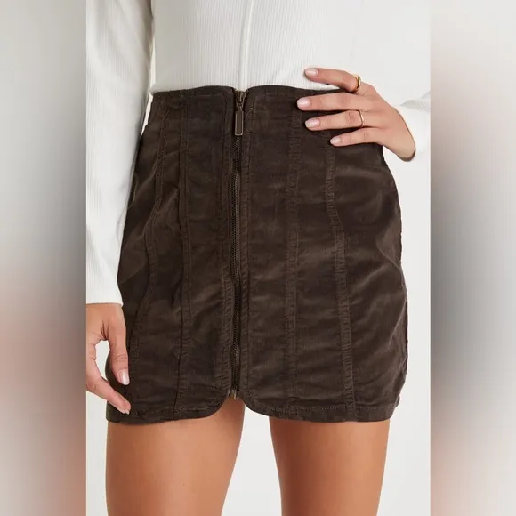 Free People corduroy skirt zip up brown