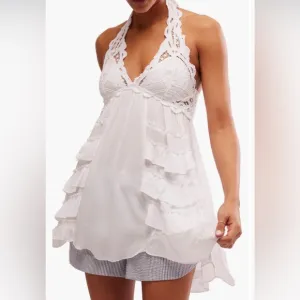 Free People White Adelia Halter Top Lace Nightgown Small NWT