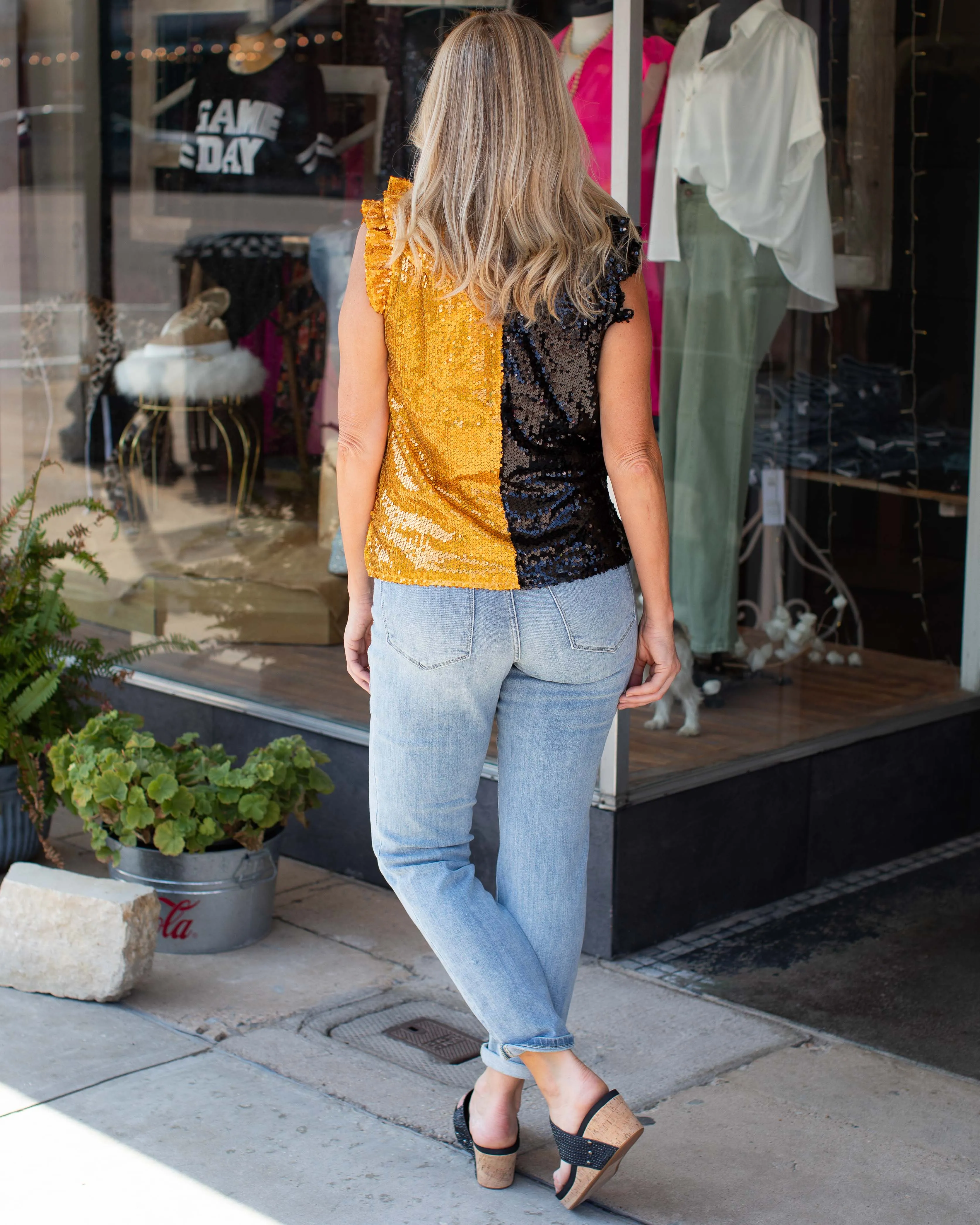 GAME DAY COLOR BLOCK SEQUIN TOP - GOLD/BLACK