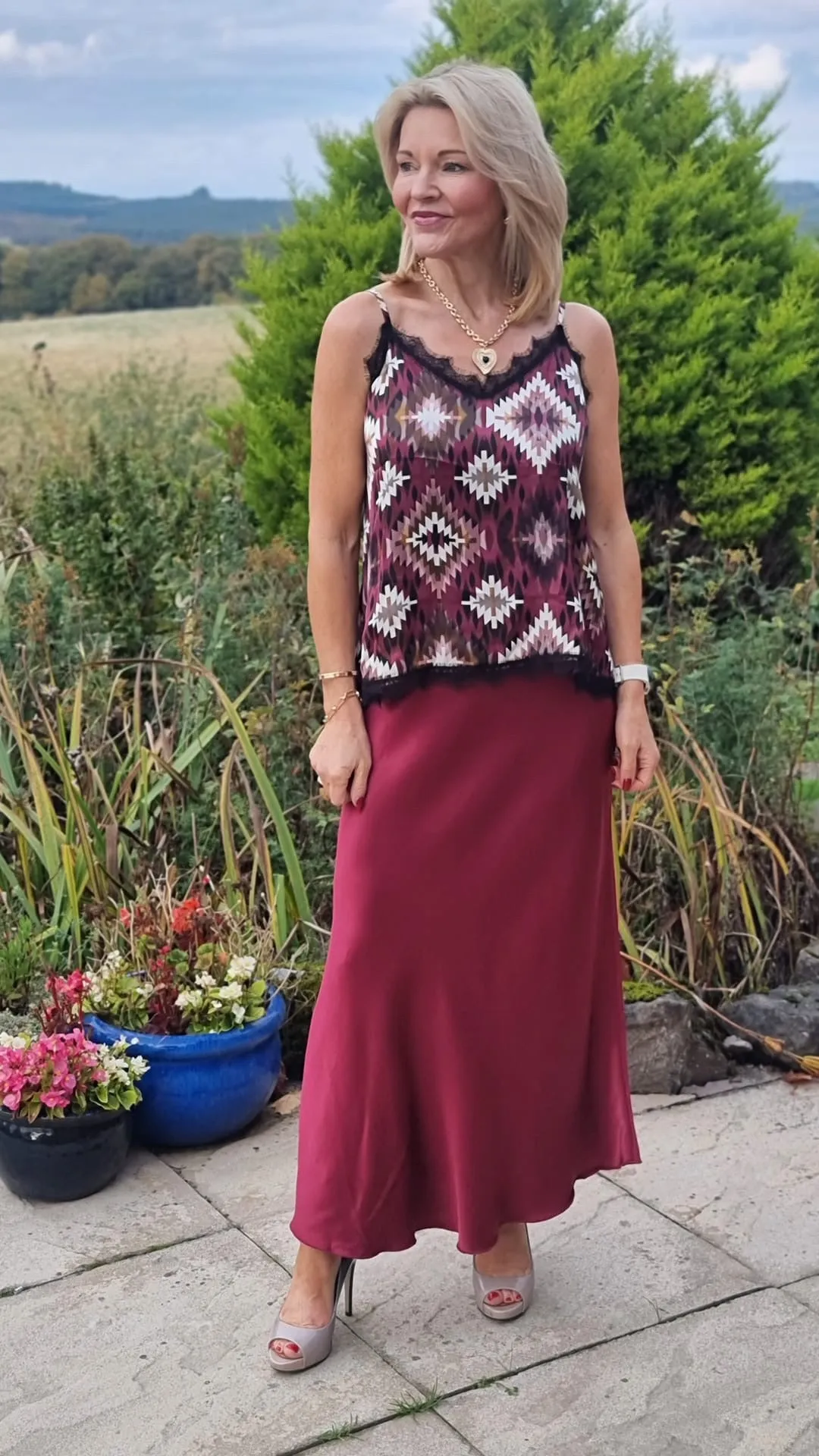 Geo Burgundy Print Trim Cami