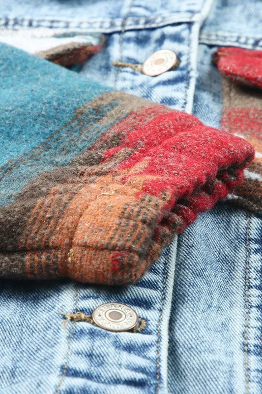 Geometric Print Frayed Hem Denim Jacket