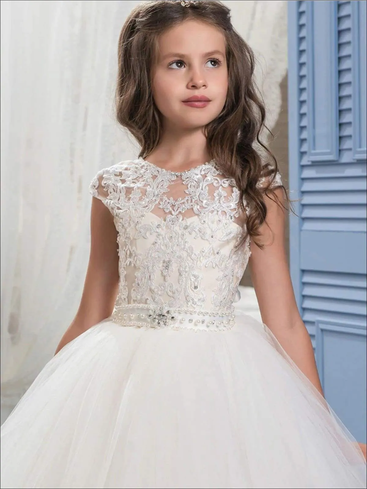 Girls Pearl Embellished Lace Mesh Communion Gown