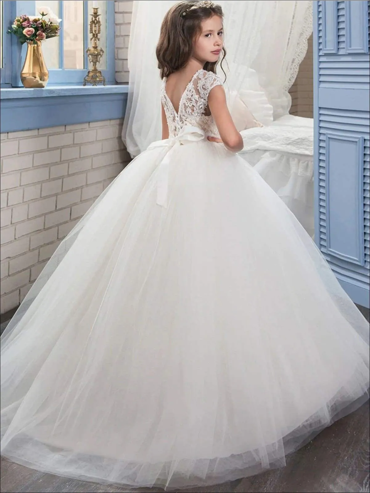 Girls Pearl Embellished Lace Mesh Communion Gown