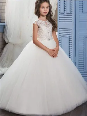 Girls Pearl Embellished Lace Mesh Communion Gown