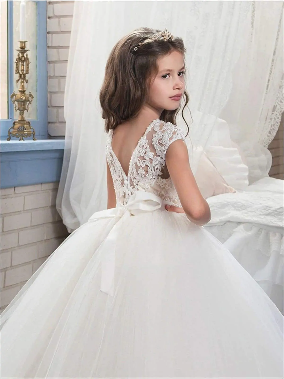 Girls Pearl Embellished Lace Mesh Communion Gown