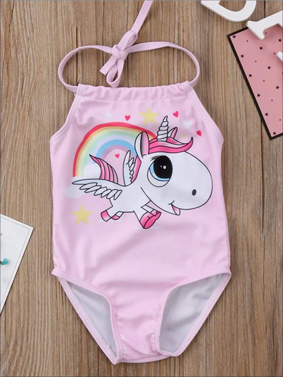 Girls Pink Halter Unicorn Print Backless One Piece Swimsuit