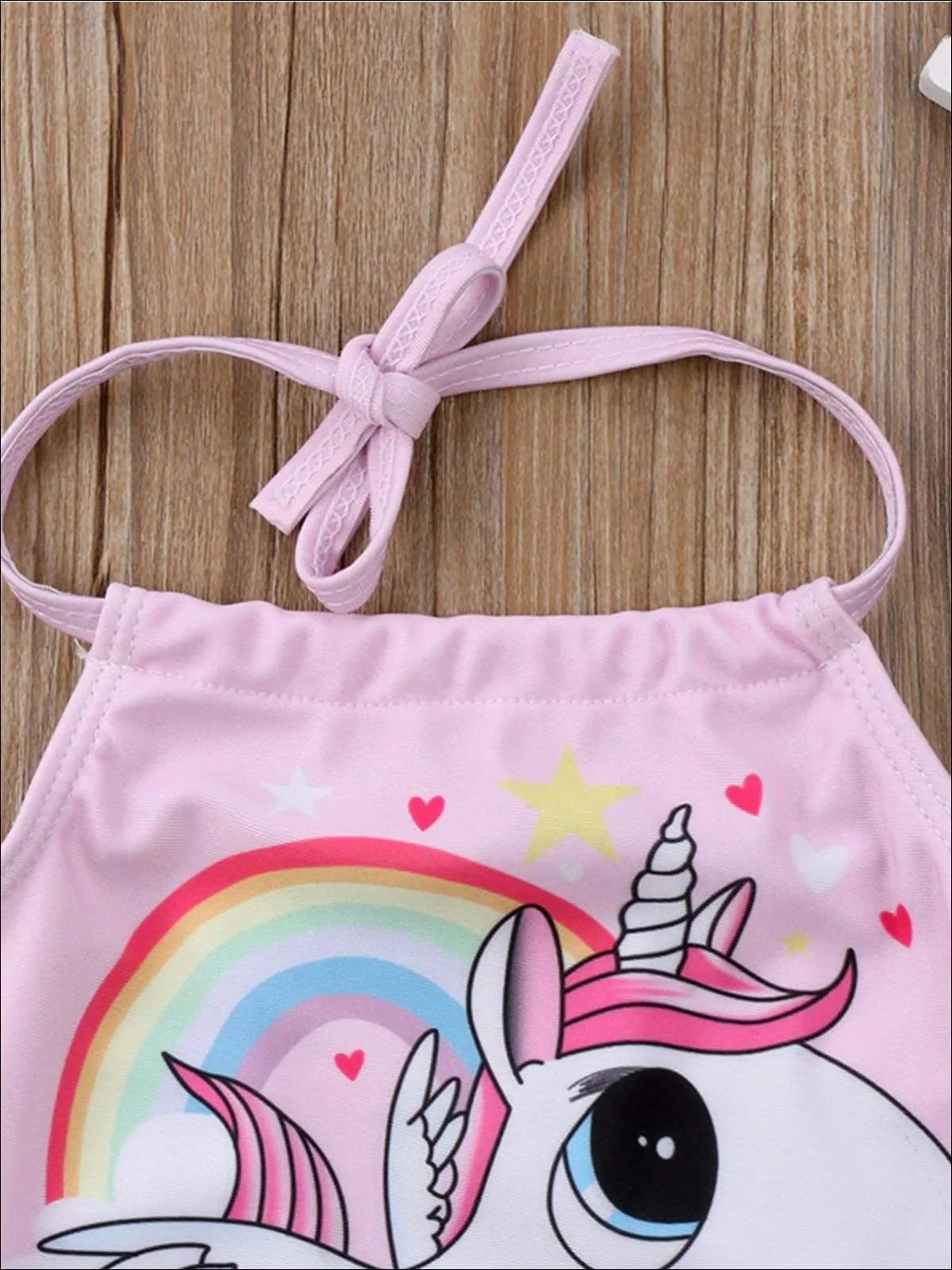 Girls Pink Halter Unicorn Print Backless One Piece Swimsuit