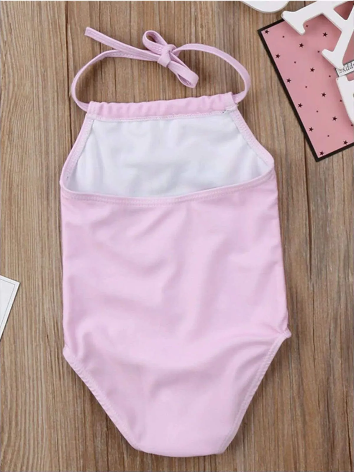 Girls Pink Halter Unicorn Print Backless One Piece Swimsuit