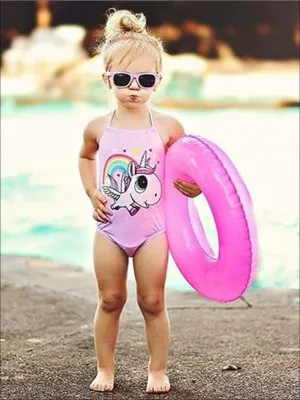 Girls Pink Halter Unicorn Print Backless One Piece Swimsuit