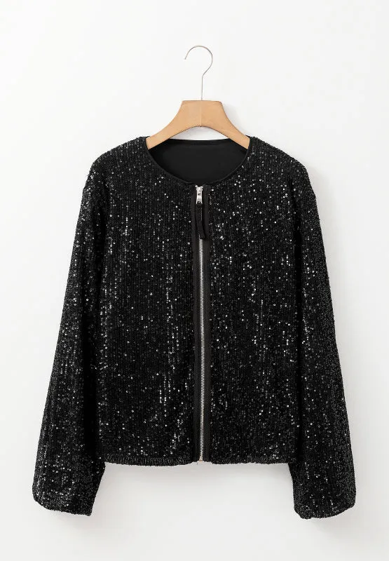 Glam Sequin Zip Up Long Sleeve Jacket
